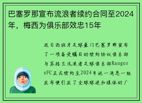 巴塞罗那宣布流浪者续约合同至2024年，梅西为俱乐部效忠15年