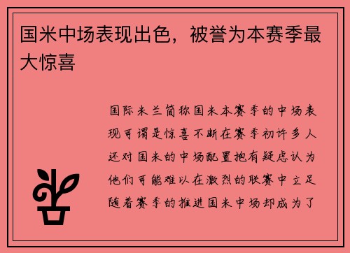 国米中场表现出色，被誉为本赛季最大惊喜