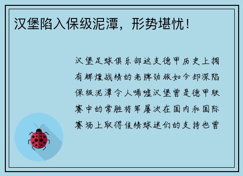 汉堡陷入保级泥潭，形势堪忧！