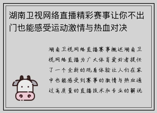 湖南卫视网络直播精彩赛事让你不出门也能感受运动激情与热血对决