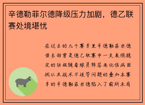 辛德勒菲尔德降级压力加剧，德乙联赛处境堪忧